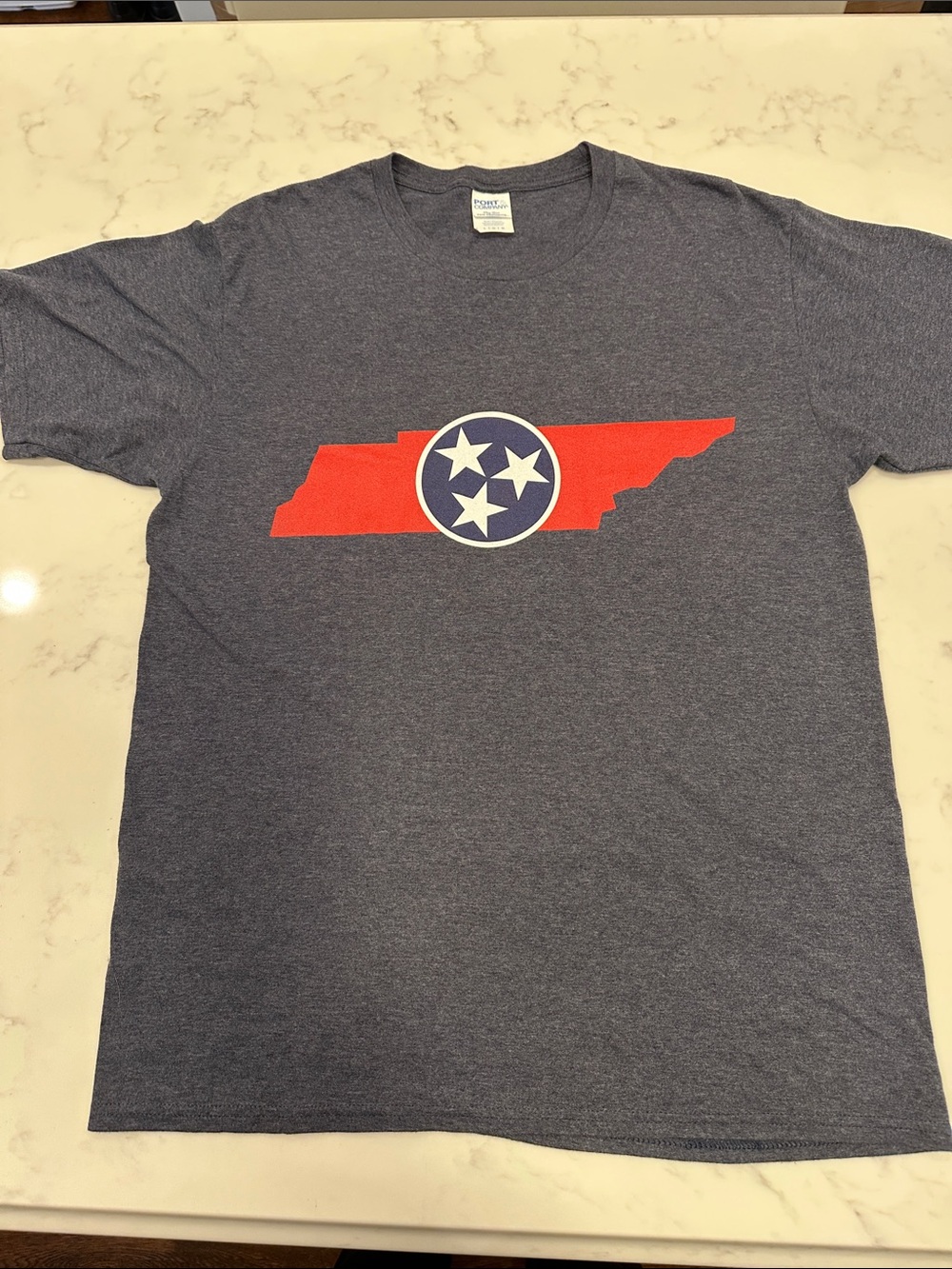 Port and Company Heather Navy Tennessee Graphic Tee with Red State Print